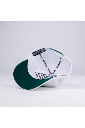 The Baylor Gameday Hat by No Rivals is shown upside down, revealing its inner rim with repeated NO RIVALS text and black-and-white stitching. It features a snapback adjustment for fit. The background is plain light gray.
