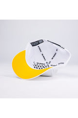 The Appalachian State Gameday Hat by No Rivals is a white snapback baseball cap with a bright yellow brim and “NO RIVALS” branding in black on the inner seams. Shown upside down on a plain white background, it’s perfect for your gameday fit.