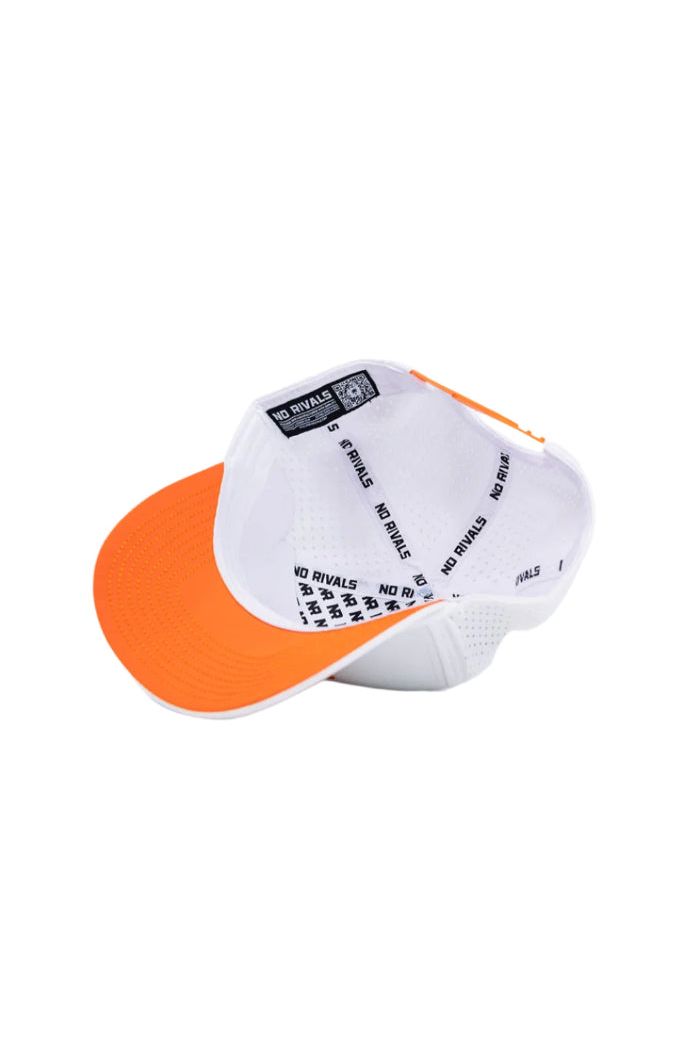 The Clemson Gameday Hat by No Rivals is a white and orange snapback with vented mesh sides, a wide flat brim, and an interior NO RIVALS label—crafted from a polyester-cotton blend for the perfect gameday fit.