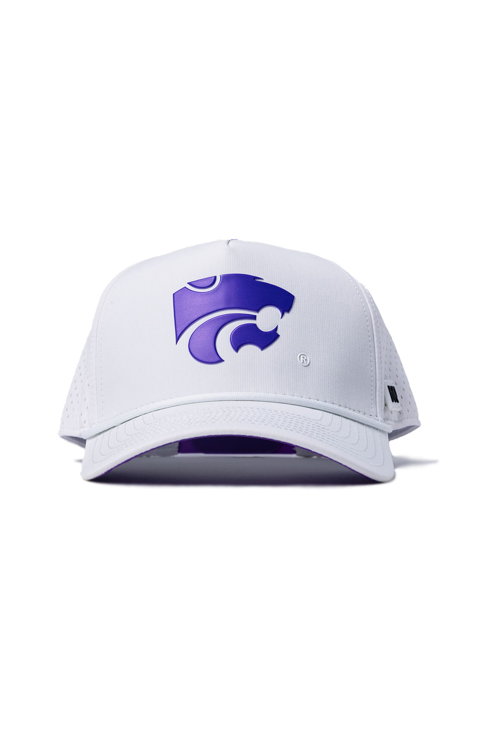 The No Rivals Kansas State Gameday Hat is a white structured cap with a purple wildcat head logo on the front, ideal for game day and shown against a plain white background.