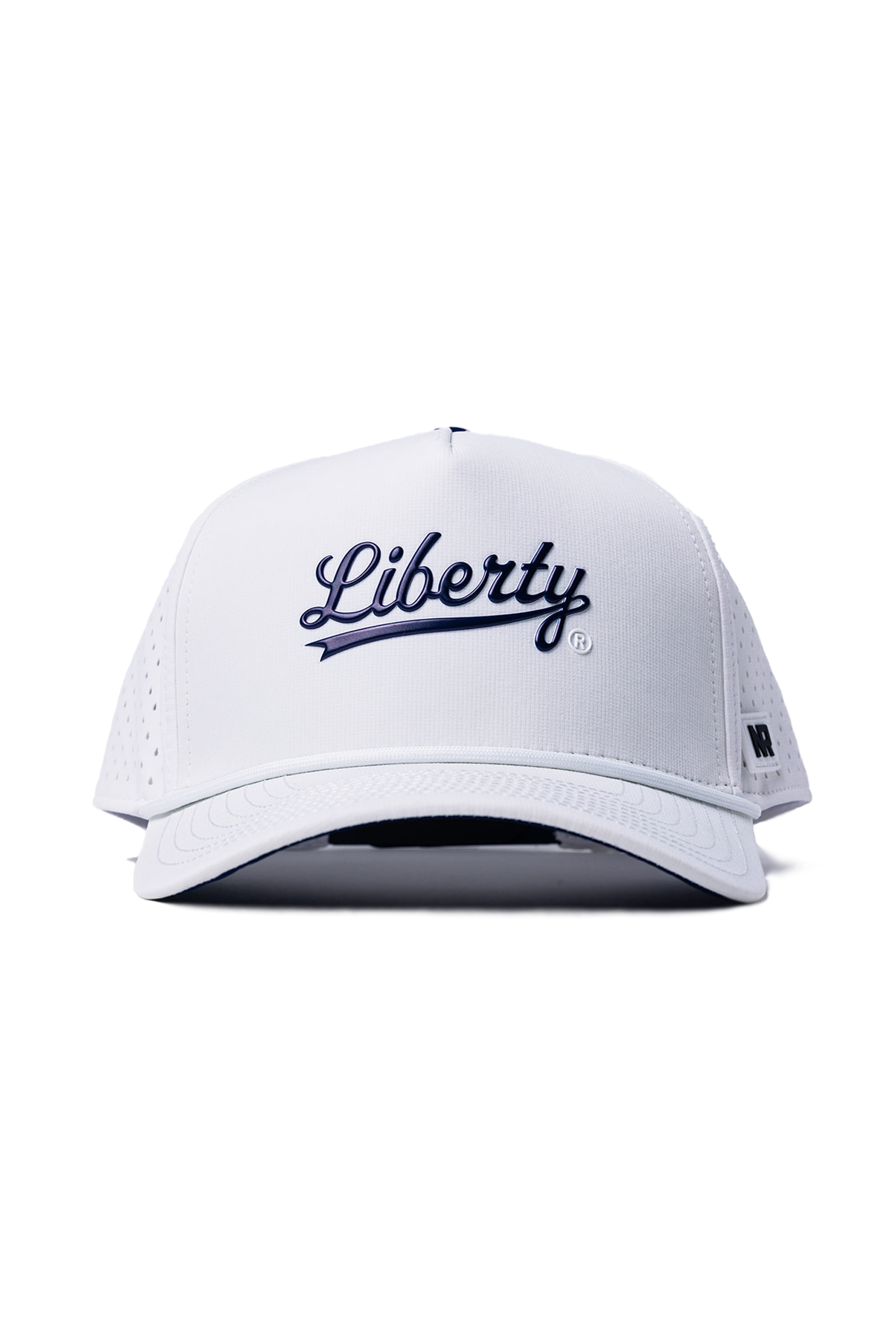 The No Rivals Liberty Gameday Hat is a white baseball cap with "Liberty" embroidered in navy blue cursive on the front. It features a classic snapback closure and is displayed against a plain white background.