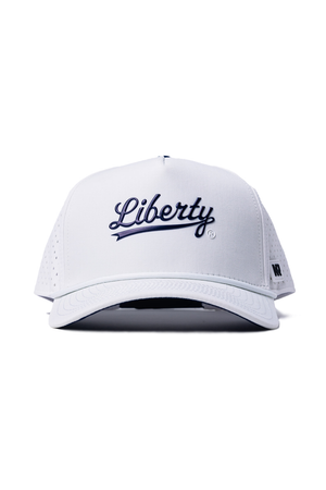 The No Rivals Liberty Gameday Hat is a white baseball cap with "Liberty" embroidered in navy blue cursive on the front. It features a classic snapback closure and is displayed against a plain white background.
