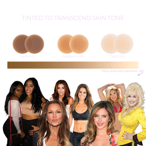 Product shot of Boob-eez Headlight Hiders skin tint differences and skin tones work best for each tint option, Light tint, Medium tint, and Dark tint; showing Medium tint is the most versatile, while Light tint works best for fair to very fair skin and Dark tint works better for darker skin tones