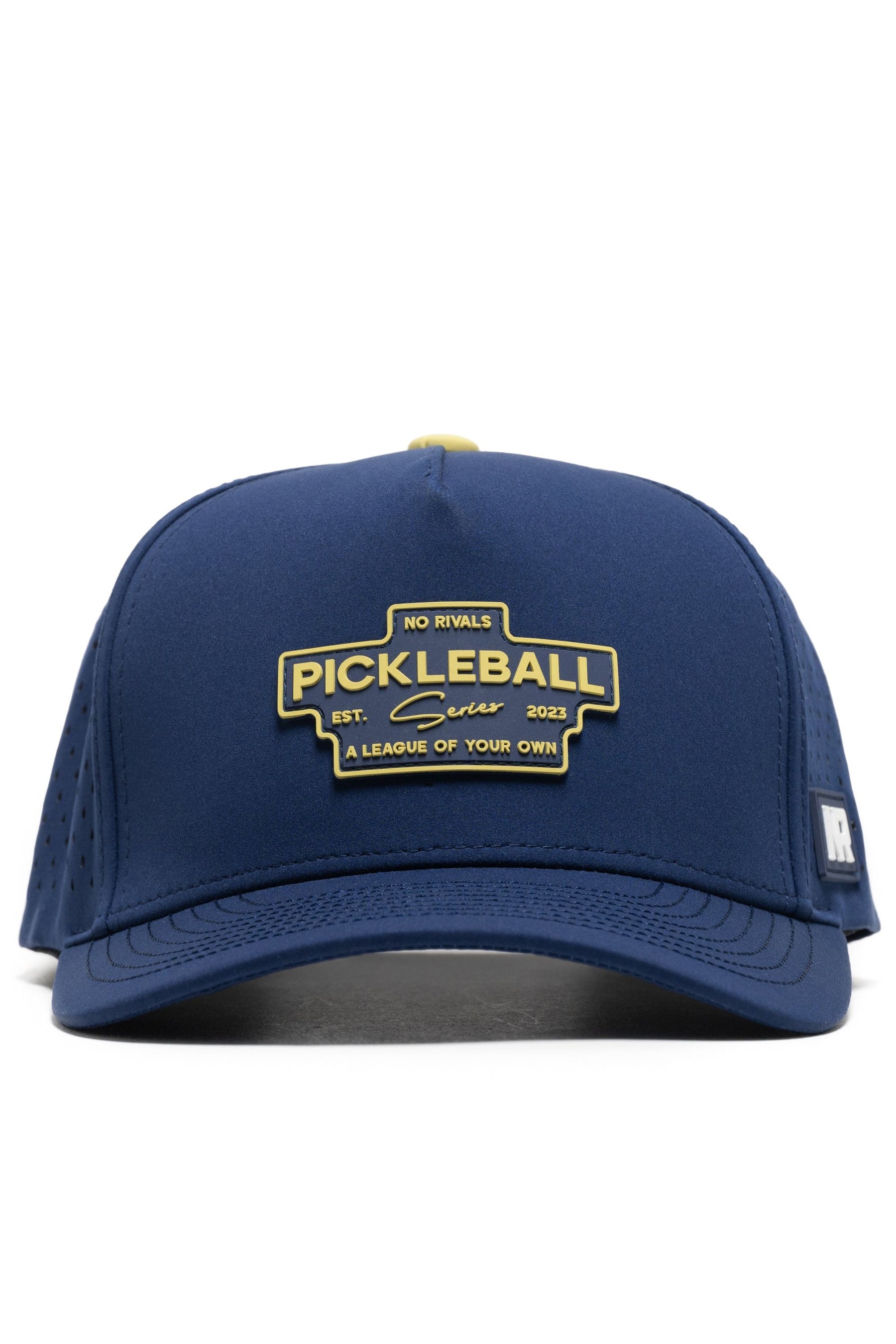 The No Rivals Athletic Pickleball Series Hat - Navy features a structured fit, ventilation holes, an adjustable one-size design, and a yellow and black front patch reading "No Rivals Pickleball Series Est. 2023 A League of Your Own.