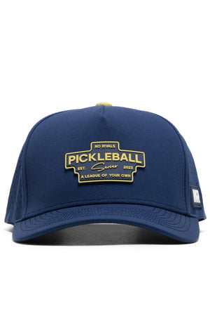 The No Rivals Athletic Pickleball Series Hat - Navy features a structured fit, ventilation holes, an adjustable one-size design, and a yellow and black front patch reading "No Rivals Pickleball Series Est. 2023 A League of Your Own.