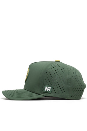 Side view of the Athletic Pickleball Series Hat - Green by No Rivals, featuring a curved brim, ventilated perforated side panels, structured fit for comfort, and a rectangular NR logo patch on the left near the brim.