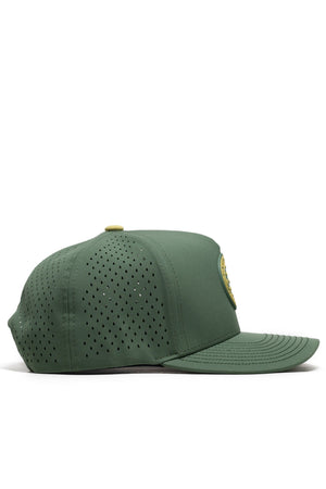 The No Rivals Athletic Pickleball Series Hat - Green is a structured, one-size snapback with perforated side panels, flat brim, yellow top button, and front circular patch—shown in side profile.