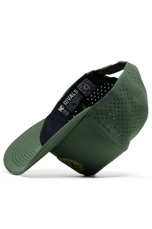 The No Rivals Athletic Pickleball Series Hat in green features a curved brim, perforated back panels, adjustable strap, black sweatband with QR code and labels inside, and a circular yellow and black patch on the front.