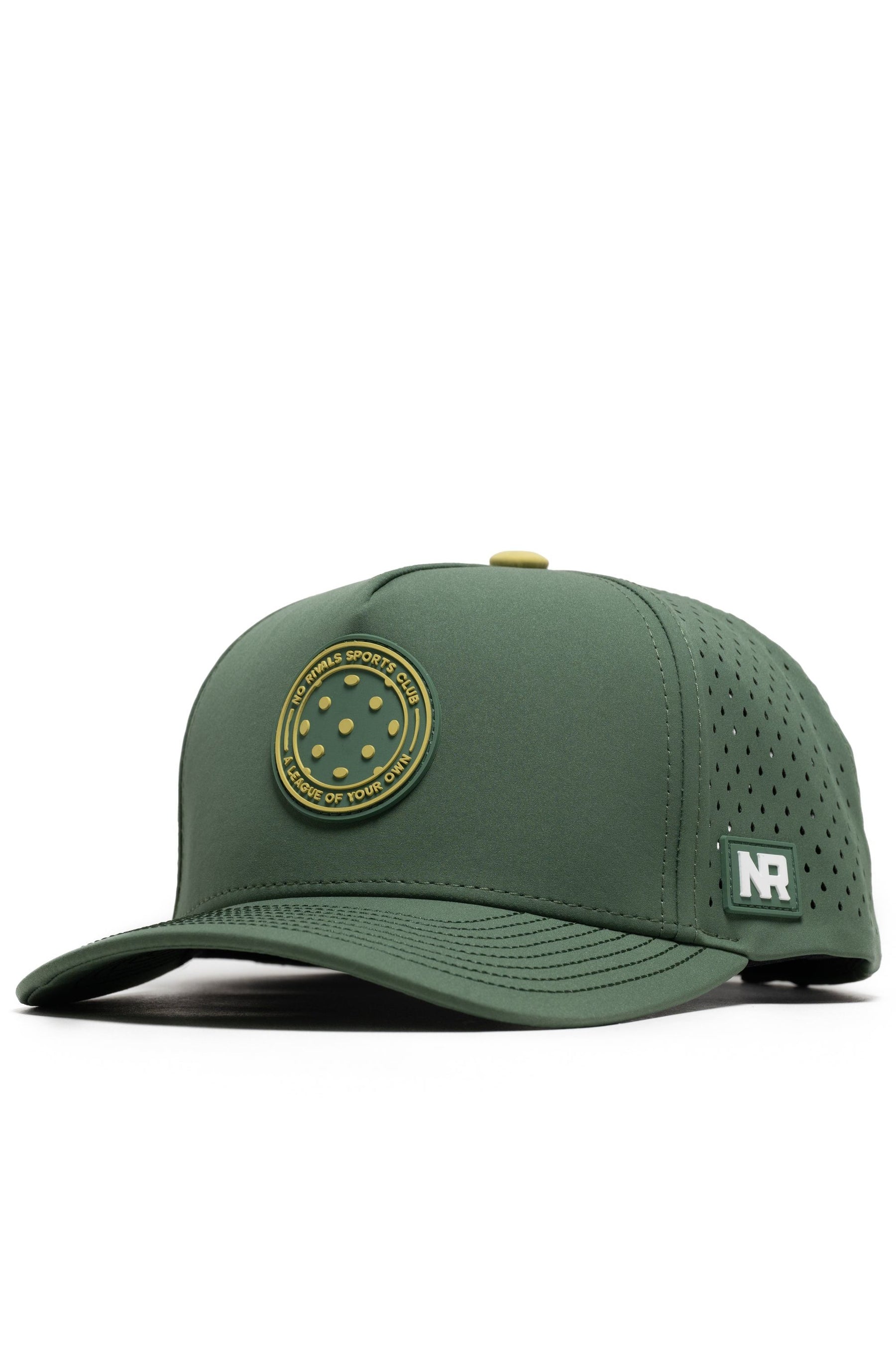 The No Rivals Athletic Pickleball Series Hat in green features a round front-left logo with yellow circles and text, structured fit, perforated sides for ventilation, a small rectangular NR side logo, and an adjustable one-size-fits-most design.