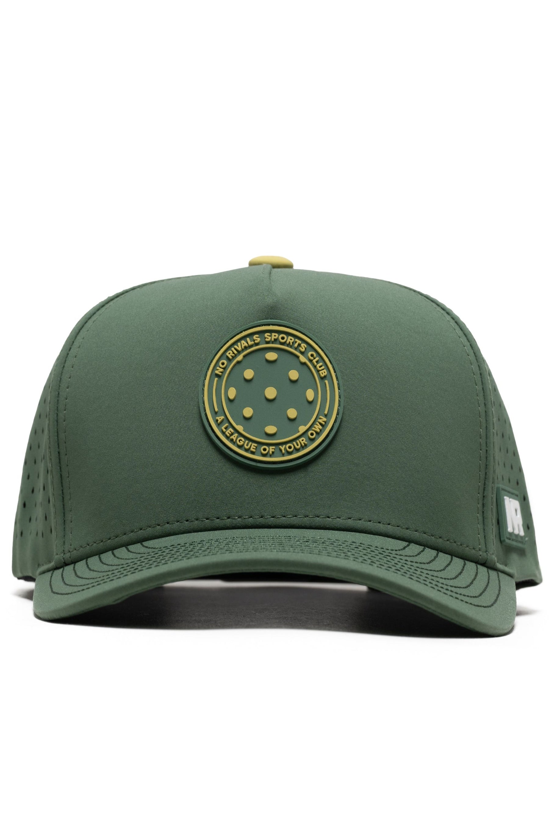 The No Rivals Athletic Pickleball Series Hat - Green is a structured, one-size snapback with side ventilation holes and a round front patch featuring “NO RIVALS SPORTS CLUB,” “A LEAGUE OF YOUR OWN,” and a pickleball graphic.