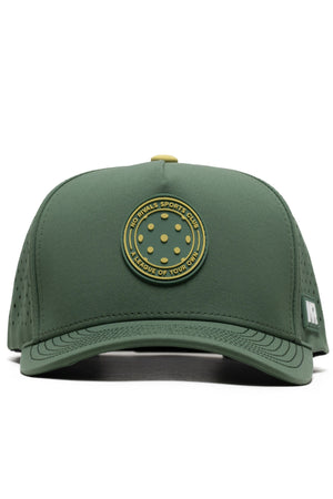 The No Rivals Athletic Pickleball Series Hat - Green is a structured, one-size snapback with side ventilation holes and a round front patch featuring “NO RIVALS SPORTS CLUB,” “A LEAGUE OF YOUR OWN,” and a pickleball graphic.