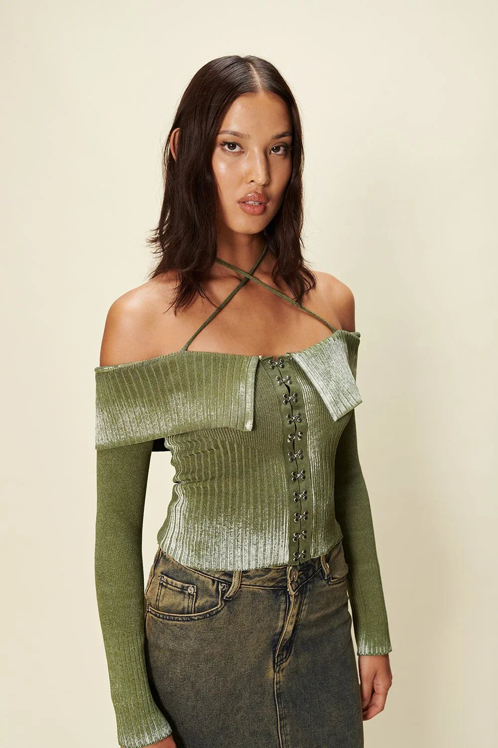 House of Sunny Off The Shoulder Fade Knit