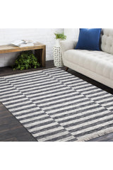 Louella Hand Woven Contemporary Striped Black Area Rug Black