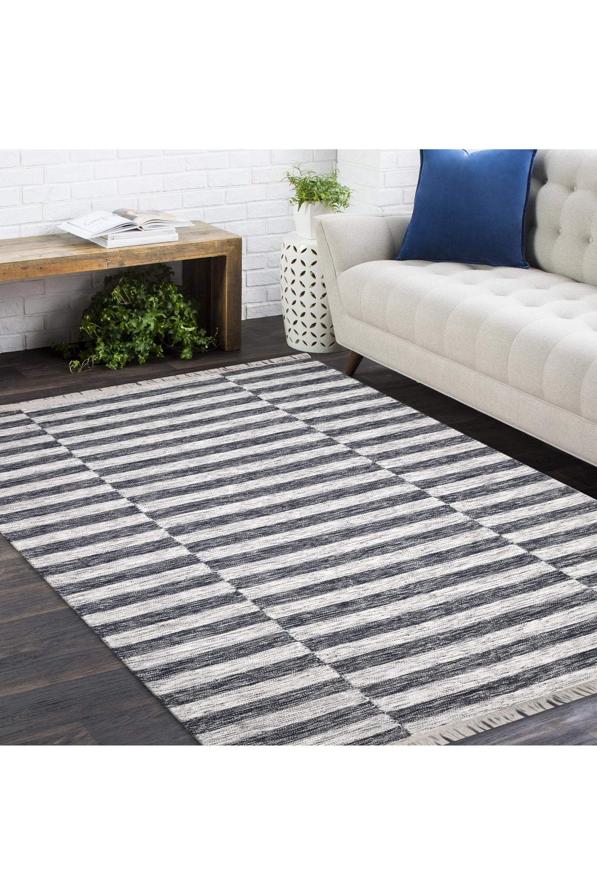 Louella Hand Woven Contemporary Striped Black Area Rug Black