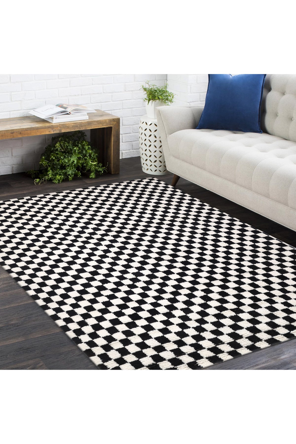 Stamford Hand Knotted Contemporary Checkered Black Area Rug Black