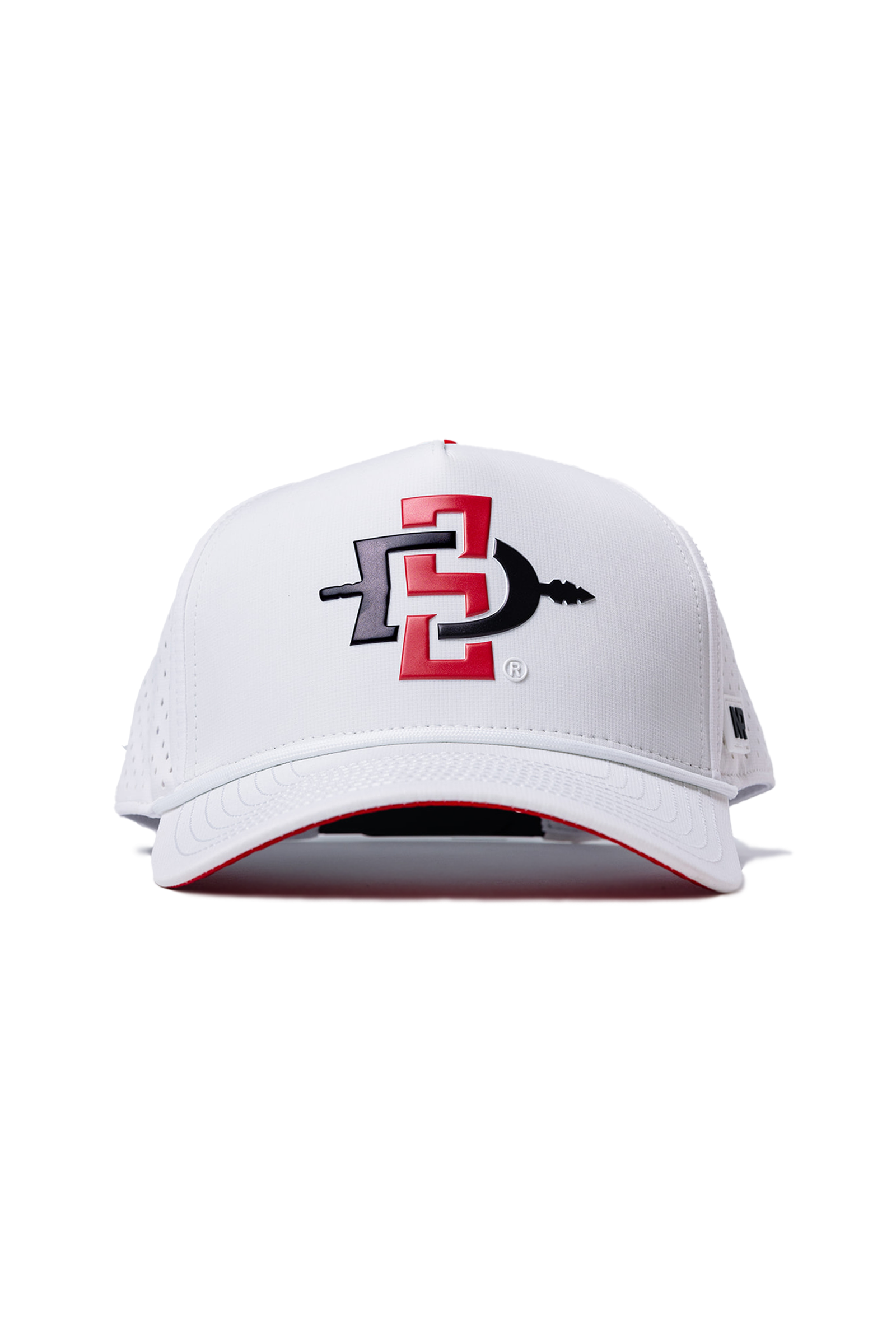 The No Rivals San Diego State Gameday Hat is a white snapback cap featuring the Aztecs logo in red and black—an officially licensed accessory perfect for topping off your gameday outfit.