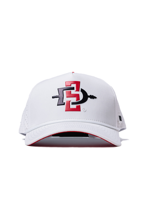 The No Rivals San Diego State Gameday Hat is a white snapback cap featuring the Aztecs logo in red and black—an officially licensed accessory perfect for topping off your gameday outfit.