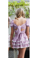 Gemma Satin Bright Pink Ditsy White Lace Trim Smocked Ruffle Mini Skirt