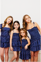 Lola Satin Smocked Ruffle Dress - Navy Rose