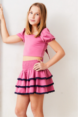 Gemma Satin Rose Mini Skirt with Navy Lace