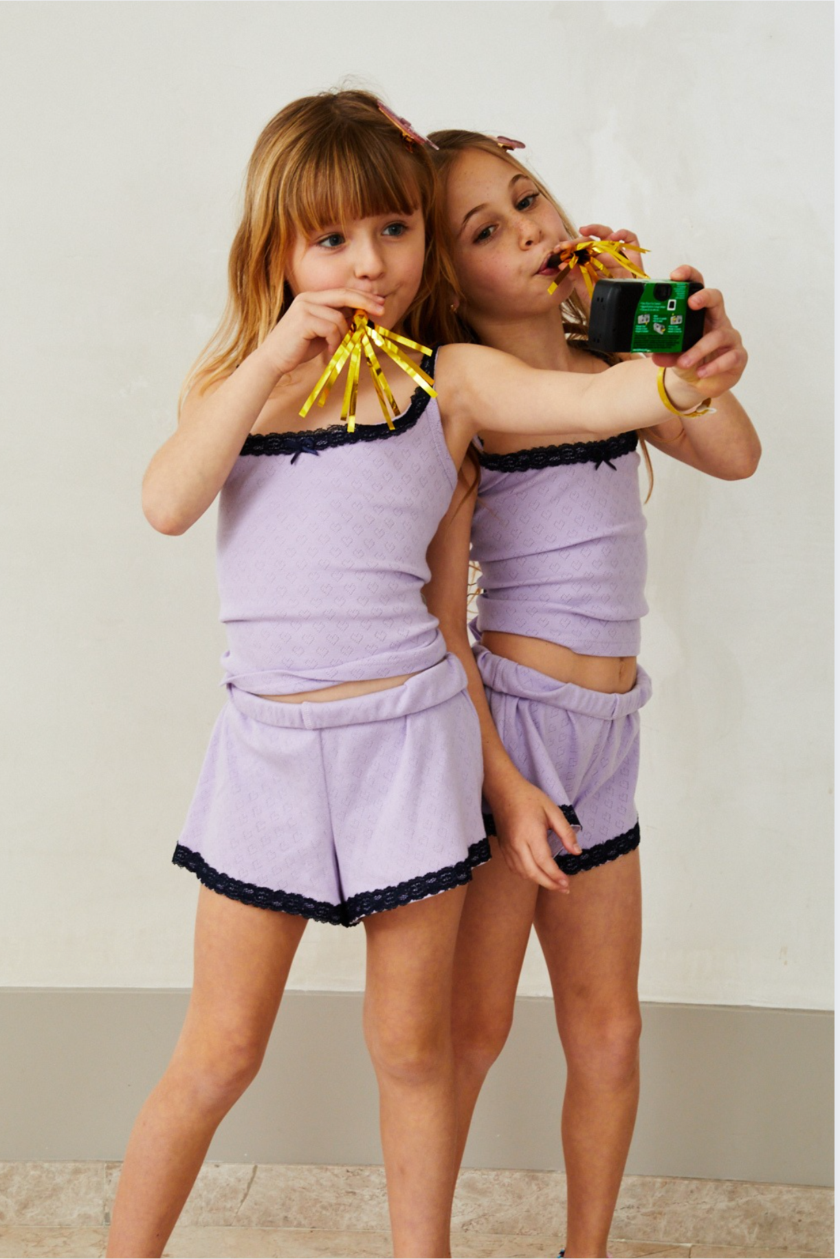 Teddy  Blue Heart Pointelle Shorts with Pink Lace