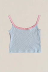 Lizzie Blue Heart Pointelle Tank with Pink Lace