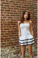 Georgia White With Black Hearts Satin Smocked Top