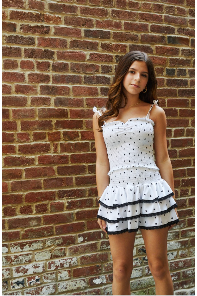 Georgia White With Black Hearts Satin Smocked Top