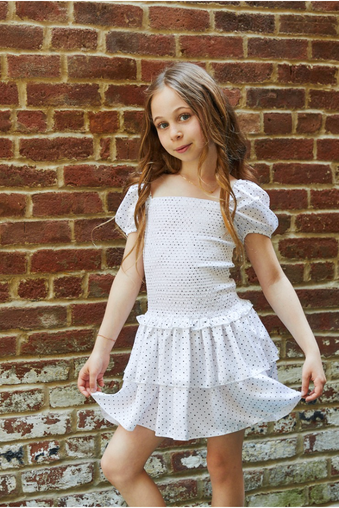 Lexi Petite Heart Satin Smocked Short Sleeve Ruffle Dress