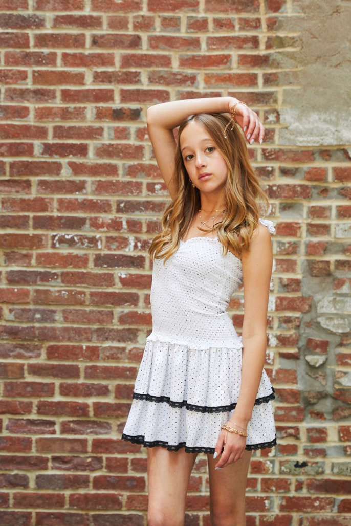 Lola Heart Polka Dot Satin Smocked Ruffle Dress