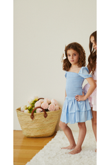 Lexi Pastel Blue Satin Smocked Short Sleeve Ruffle Dress