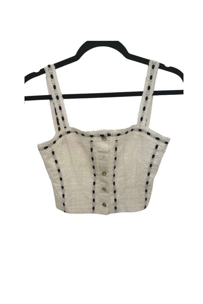 Skylar White Heart & Flower Eyelet With Black Ribbon Tank Top