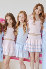 Lola Pastel Blue Pin Stripes With Pink Trim Satin Smocked Ruffle Dress