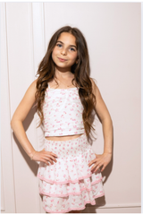 Gemma White With Pastel Pink Ditsy Dot Smocked Ruffle Mini Skirt
