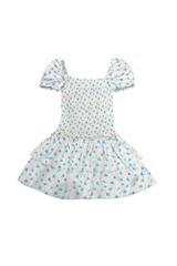 Lexi White With Pastel Blue Ditsy Satin Smocked Short Sleeve Ruffle Dress