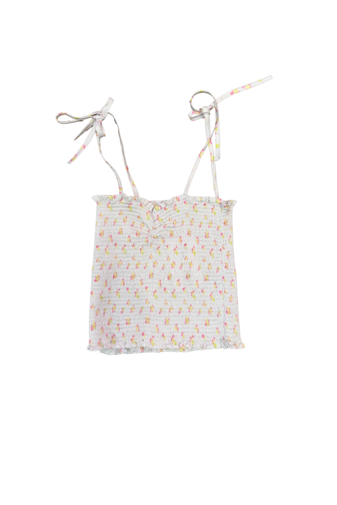 Georgia White With Pastel Yellow Ditsy Satin Smocked Top
