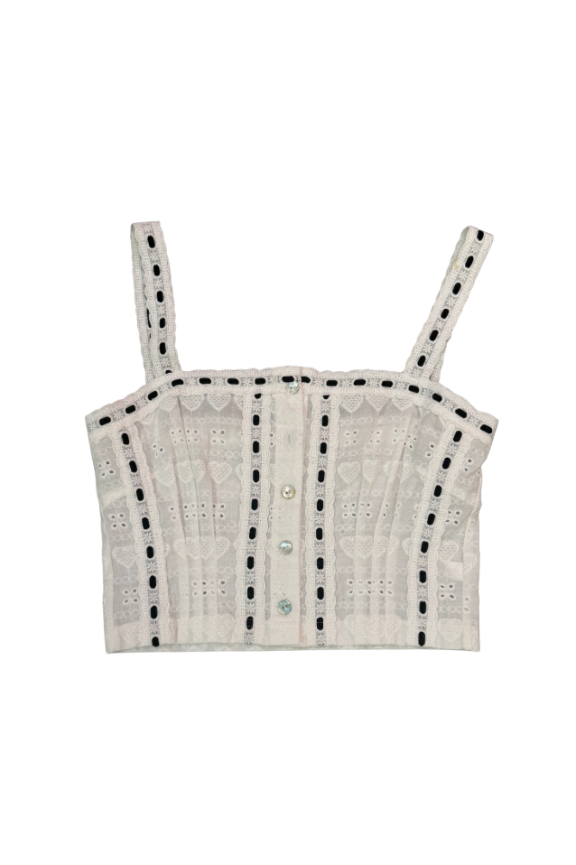 Skylar White Heart & Flower Eyelet With Black Ribbon Tank Top