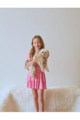 Lexi Pink With Red Hearts Satin Smocked Short Sleeve Ruffle Dress