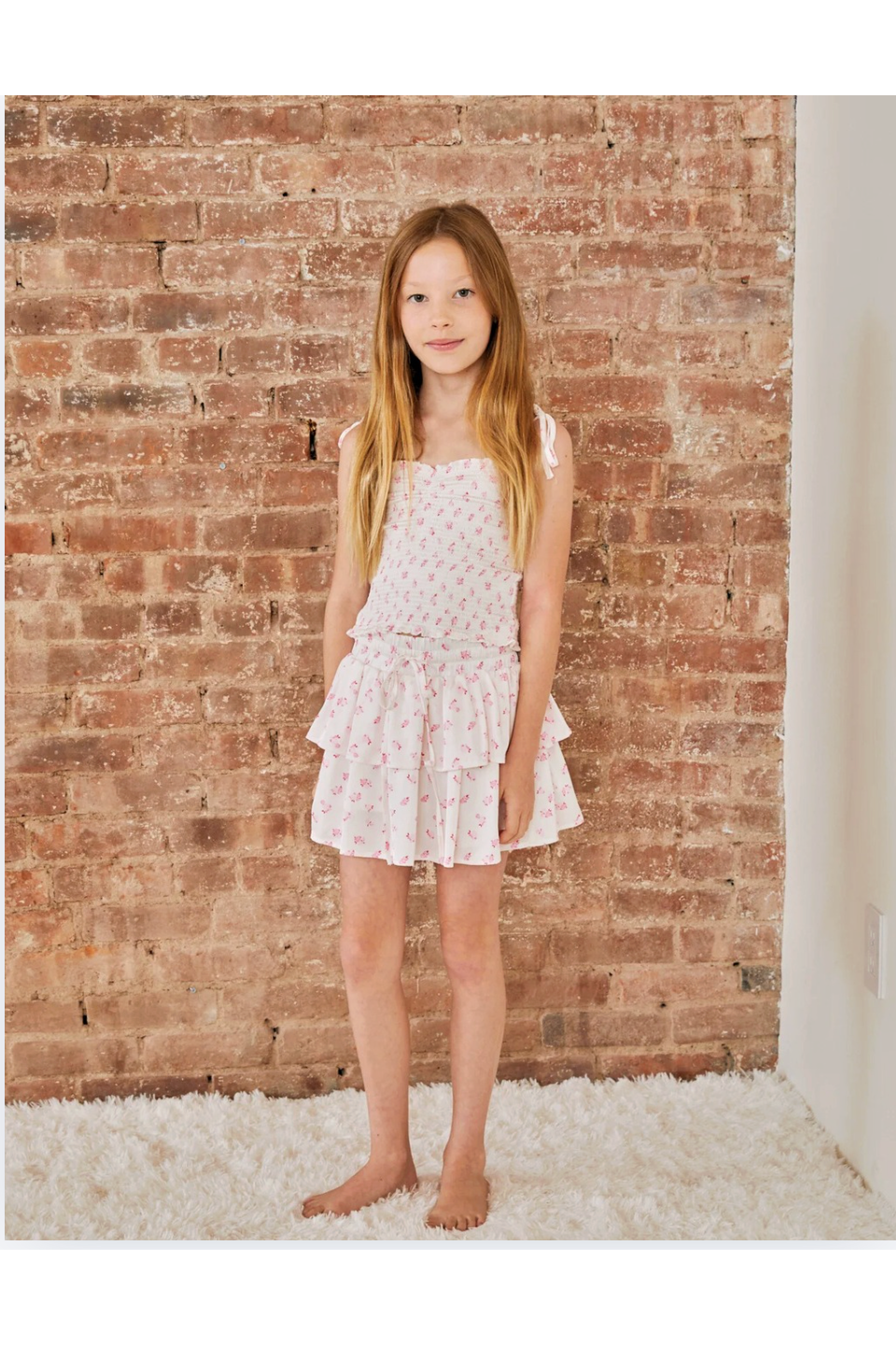 Georgia White With Pastel Pink Ditsy Satin Smocked Top