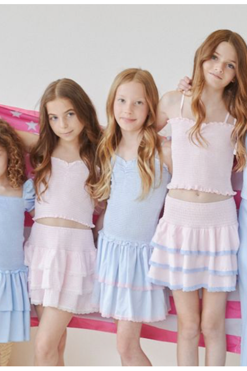 Lola Pastel Blue Pin Stripes With Pink Trim Satin Smocked Ruffle Dress