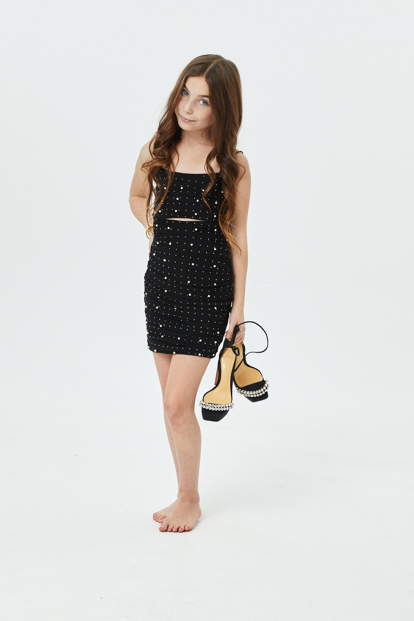 Maddison Black Pearl & Stud Mesh Cut Out Dress