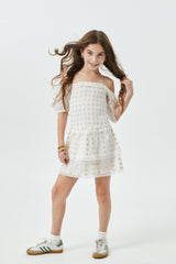 Lexi White Heart Lurex Smocked Short Sleeve Ruffle Dress