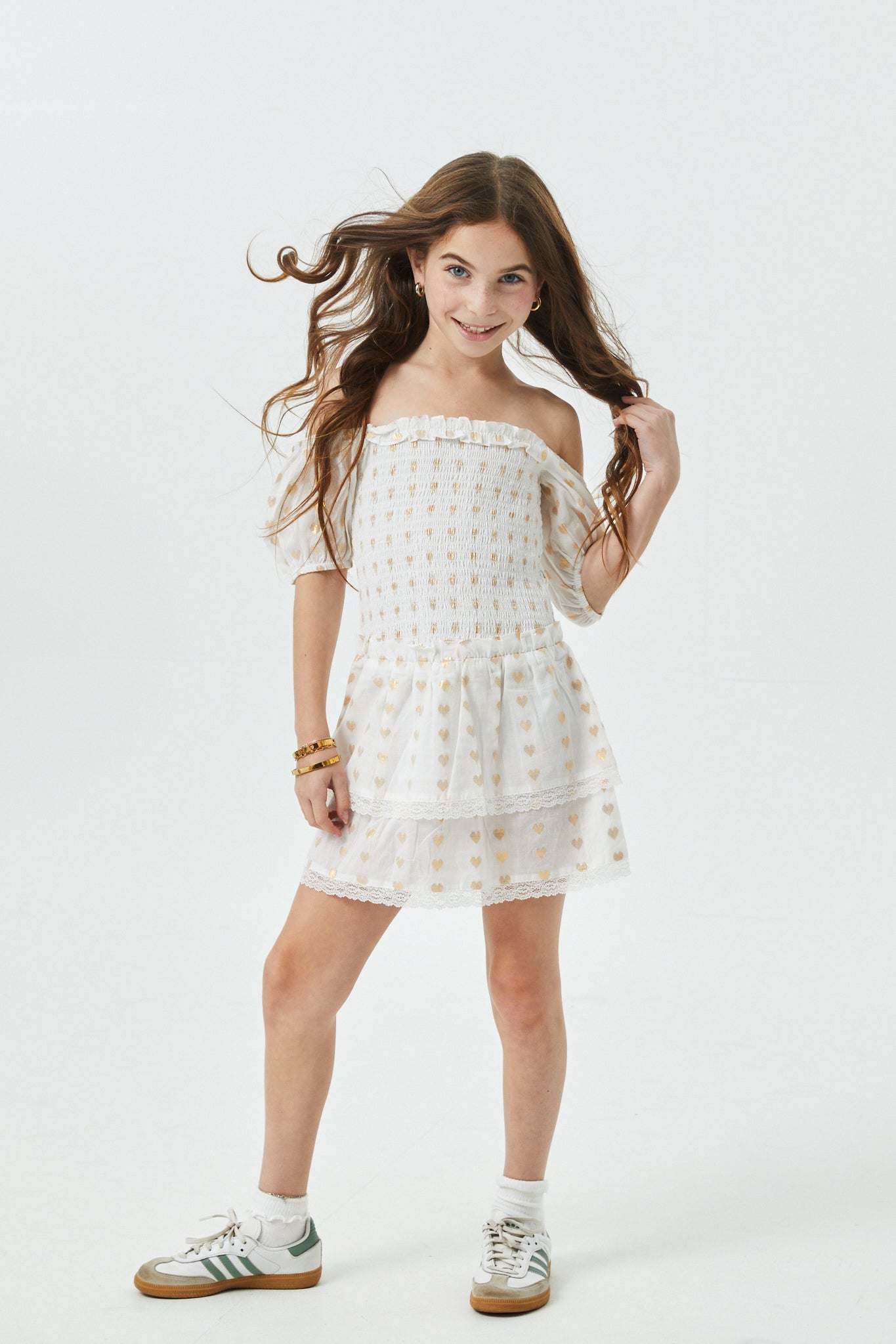 Lexi White Heart Lurex Smocked Short Sleeve Ruffle Dress