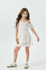 Lexi White Heart Lurex Smocked Short Sleeve Ruffle Dress