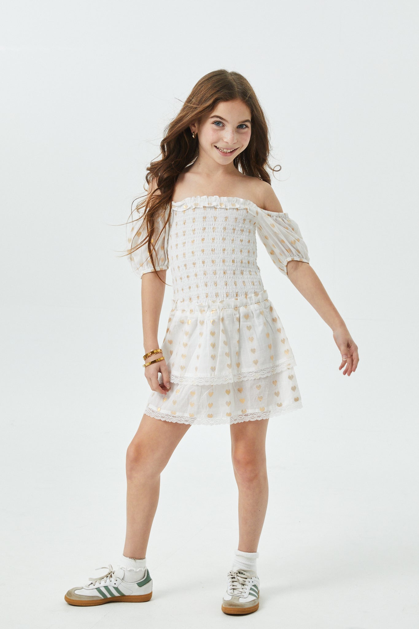 Lexi White Heart Lurex Smocked Short Sleeve Ruffle Dress