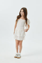 Lexi White Heart Lurex Smocked Short Sleeve Ruffle Dress