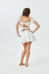 Gemma White Heart & Flower Eyelet With White Ribbon Smocked Ruffle Mini Skirt