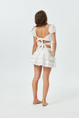 Gemma White Heart & Flower Eyelet With White Ribbon Smocked Ruffle Mini Skirt