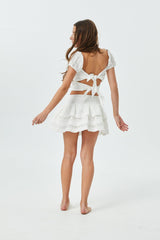 Gemma White Heart & Flower Eyelet With White Ribbon Smocked Ruffle Mini Skirt