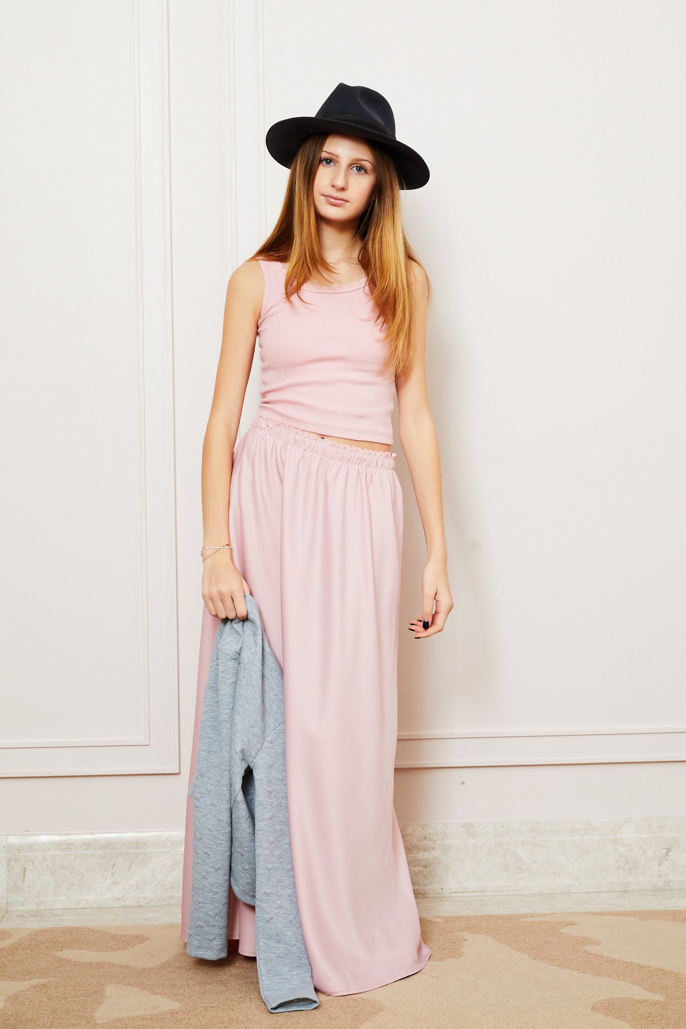 Stella Ribbed Tank - Ballet Pink with Lace Trim